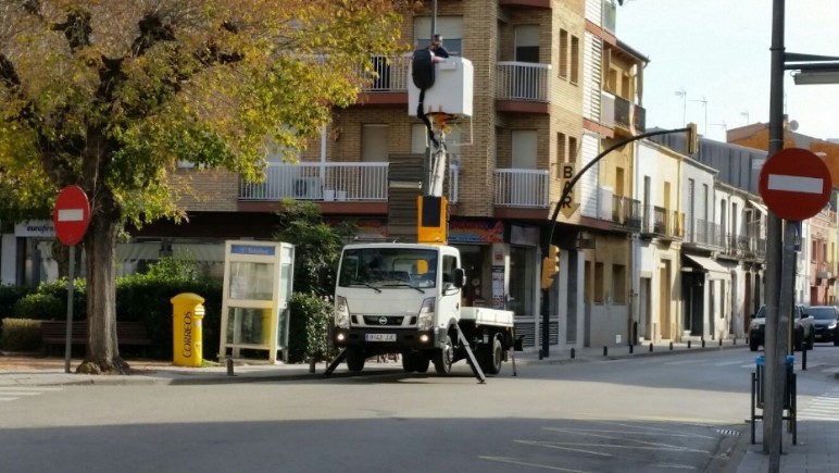 camion cesta adornando arbol para navidad